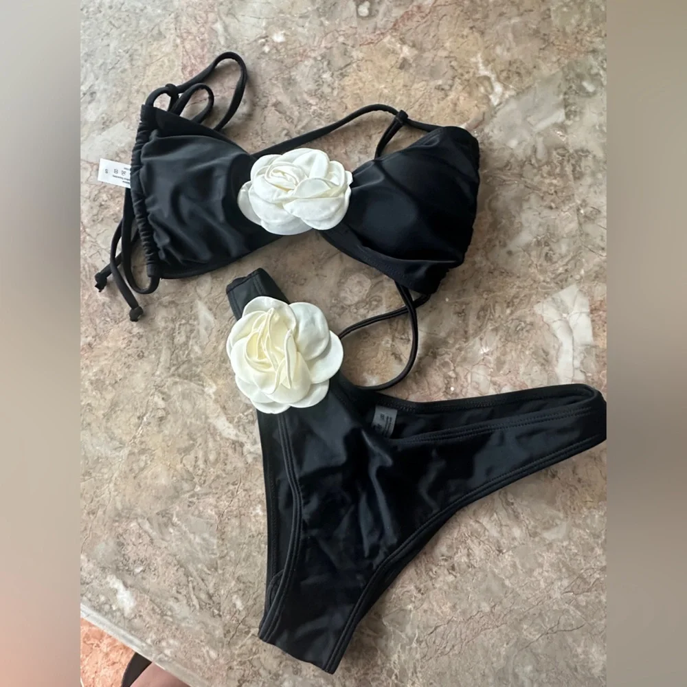 Black Bikini With Floral Accent And Ties